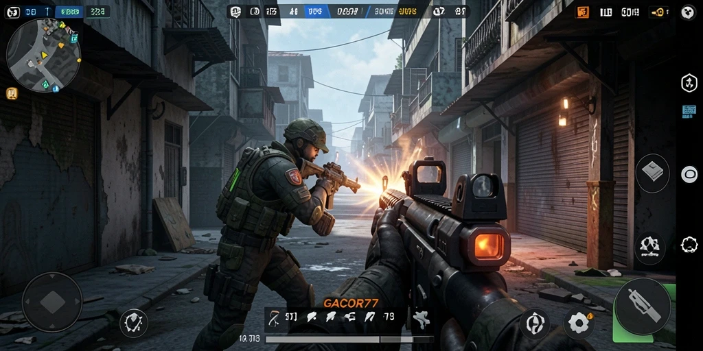 Screenshot gameplay GACOR77 menampilkan aksi seru di peta detail.