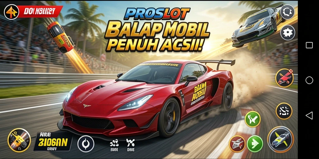 Screenshot gameplay balap mobil PROSLOT yang mendebarkan.