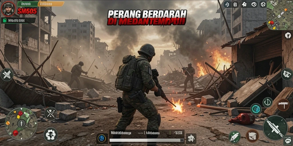 Screenshot menampilkan aksi intens dalam game FPS SM605.